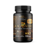 Trainwreck Dragon Fire kratom capsules featuring red, green, and white strain blend for energy and focus