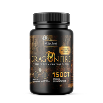 KBomb Trainwreck Dragon Fire kratom capsules blend of red green white strains for energy focus and wellness