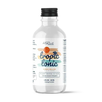 Bottle of Tropic Tonic Kava Kratom natural relaxation drink promoting calmness and well-being