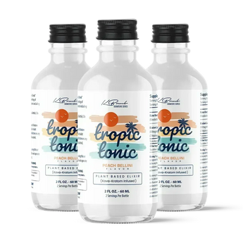 Bottle of Tropic Tonic Kava Kratom drink promoting relaxation and well-being