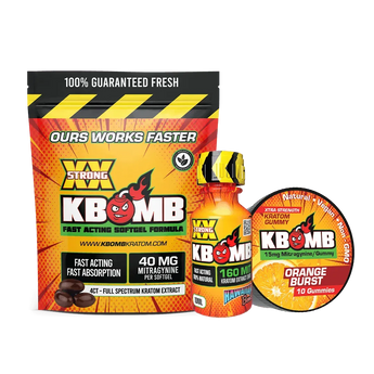 Warm & Happy Kratom Bundle by KBomb featuring extracts, gummies, and softgels for mood enhancement and relief