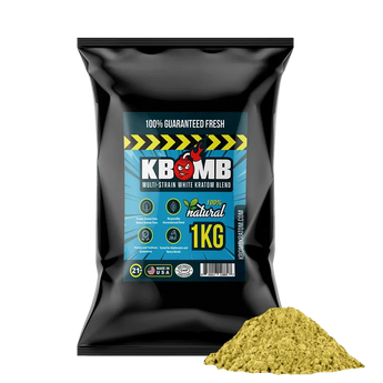White Multi-Strain Kratom powder blend in wooden scoop highlighting energy and focus benefits