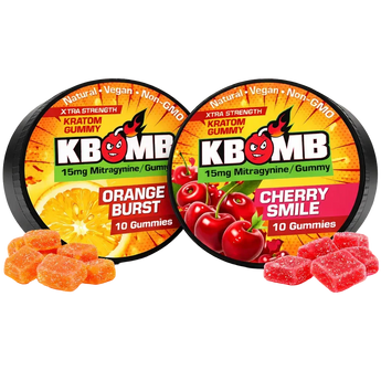 Two containers of KBomb gummies, one orange burst and one cherry smile, with gummies displayed in front.
