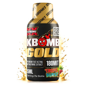 K-Bomb Gold supplement bottle with colorful design on a white background