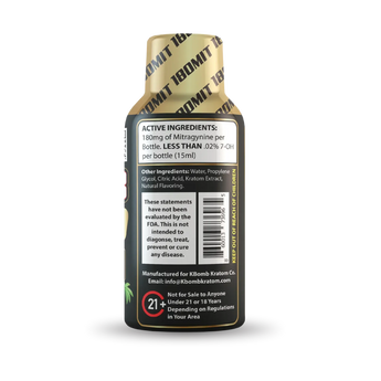 KBomb 180mg Kratom Liquid Gold Shot bottle with tropical flavor, premium Mitragynine Extract, and potent wellness effects