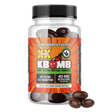 Bottle of KBomb 40mg Kratom Extract Softgels with natural ingredients and fast-acting formula