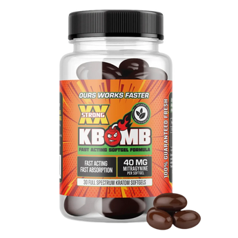 Bottle of KBomb 40mg Kratom Extract Softgels with natural ingredients and fast-acting formula