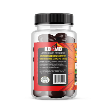 Bottle of 30 KBomb Kratom Extract Softgels with 40mg Mitragynine per softgel, fast-acting natural Kratom supplement
