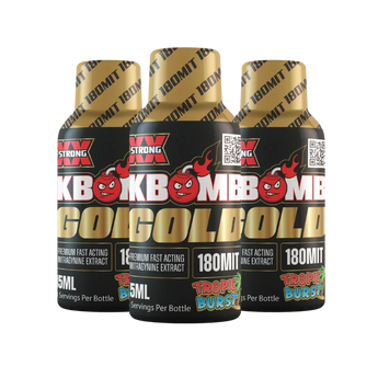KBomb 180mg Kratom Liquid Gold Shot bottle with tropical flavor and potent Mitragynine extract