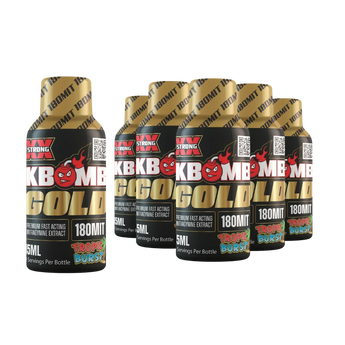 KBomb 180mg Kratom Liquid Gold Shot bottle with tropical flavor and potent mitragynine extract for relaxation and wellness