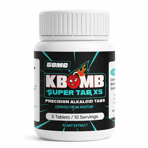 Bottle of 50mg KBomb Super Tab XS on a white background