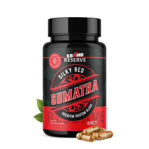 K Bomb Reserve Silky Red Sumatra Kratom Blend bottle on a black background