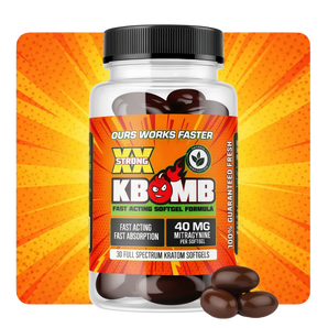 Bottle of KBomb supplements with a bright orange and yellow background