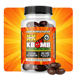 Bottle of KBomb supplements with a bright orange and yellow background