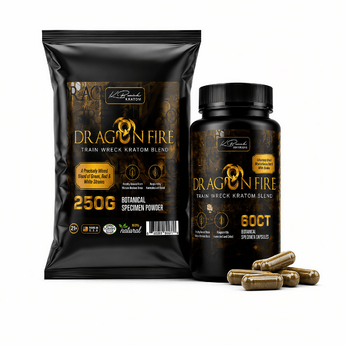 Dragon Fire Kratom Bundle featuring Trainwreck Kratom Powder and Capsules with Green, Red, and White kratom blend