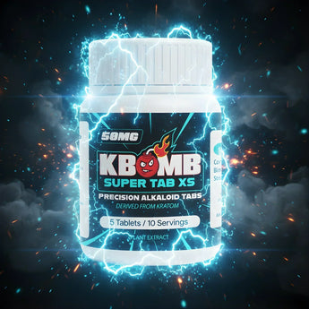 KBomb Super Tab XS supplement bottle with glowing effects on a dark background