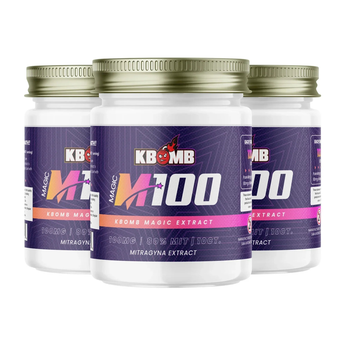 Magic 100 Tabs bottle with 10 tablets, each containing over 80mg mitragynine alkaloids for potent mitragynine extract dosing