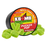 KBomb Pucker Pop gummy packaging with green gummies on a white background