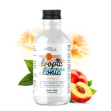 Bottle of Tropic Tonic Peach Bellini with floral and fruit graphics on a white background