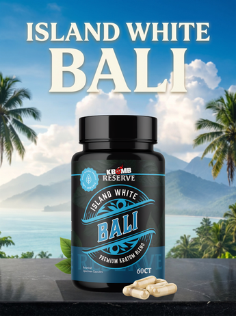 KBomb Island White Bali Kratom capsules for smooth energy and focus alternative to coffee