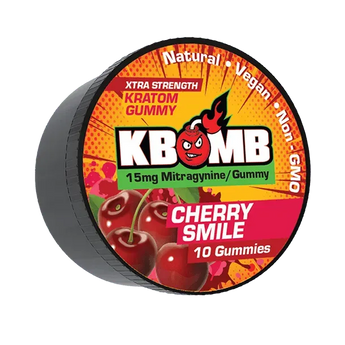 Cherry Smile Kratom Gummies in sealed container with bright red gummy candies