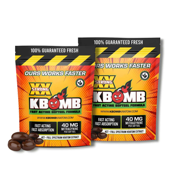 KBOMB Kratom Extract Softgels bottle with natural ingredients and 40mg Mitragynine per softgel for fast relief and wellness