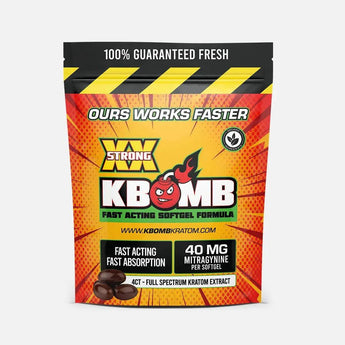 KBOMB Kratom Extract Softgels bottle with 40mg Mitragynine per softgel, natural ingredients, and packaging