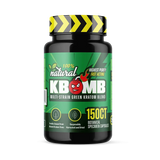 Bottle of Kbomb Multi-Strain Green Kratom capsules for energy and focus blend