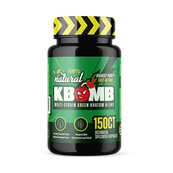 Bottle of Kbomb Multi-Strain Green Kratom capsules for energy and focus blend