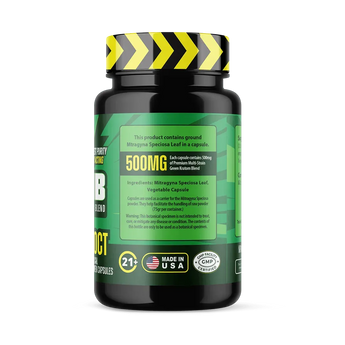 Multi-Strain Green Kratom capsules in clear bottle promoting energy and focus blend