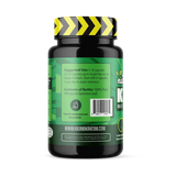 Bottle of KBomb's Multi-Strain Green Kratom capsules with green label highlighting energy and focus benefits