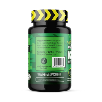 Bottle of KBomb's Multi-Strain Green Kratom capsules with green label highlighting energy and focus benefits