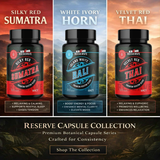 Silky Red Sumatra kratom capsules blend in amber bottle with green leaves background