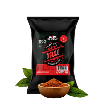 Black package of Velvet Red Thai spice with a wooden bowl of spice and leaves on a white background